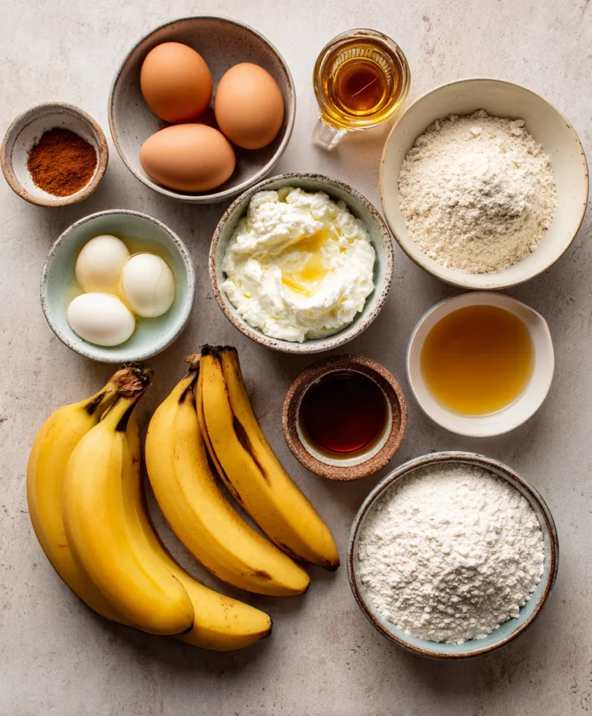 Banana bread ingredients arranged on a table