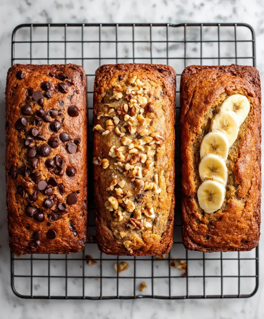 Banana bread loaf variations on cooling rack