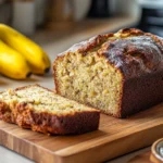 Cottage cheese banana bread loaf sliced on wooden board