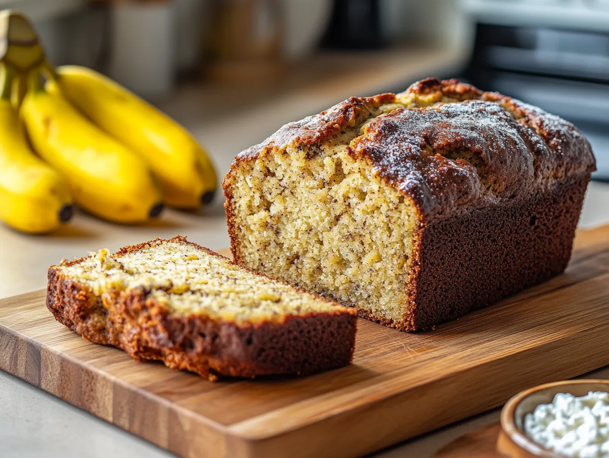 Cottage cheese banana bread loaf sliced on wooden board