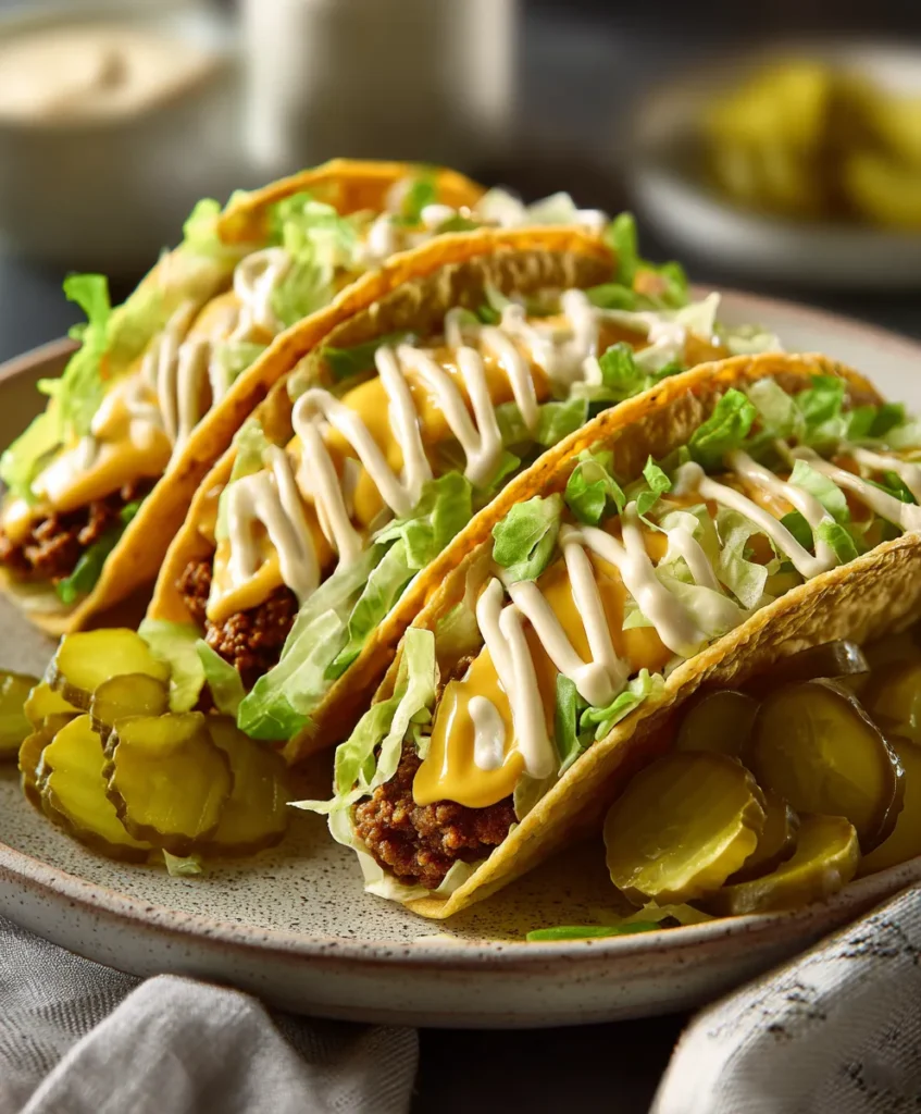 Fully assembled Big Mac Tacos served on a plate with sauce and garnish