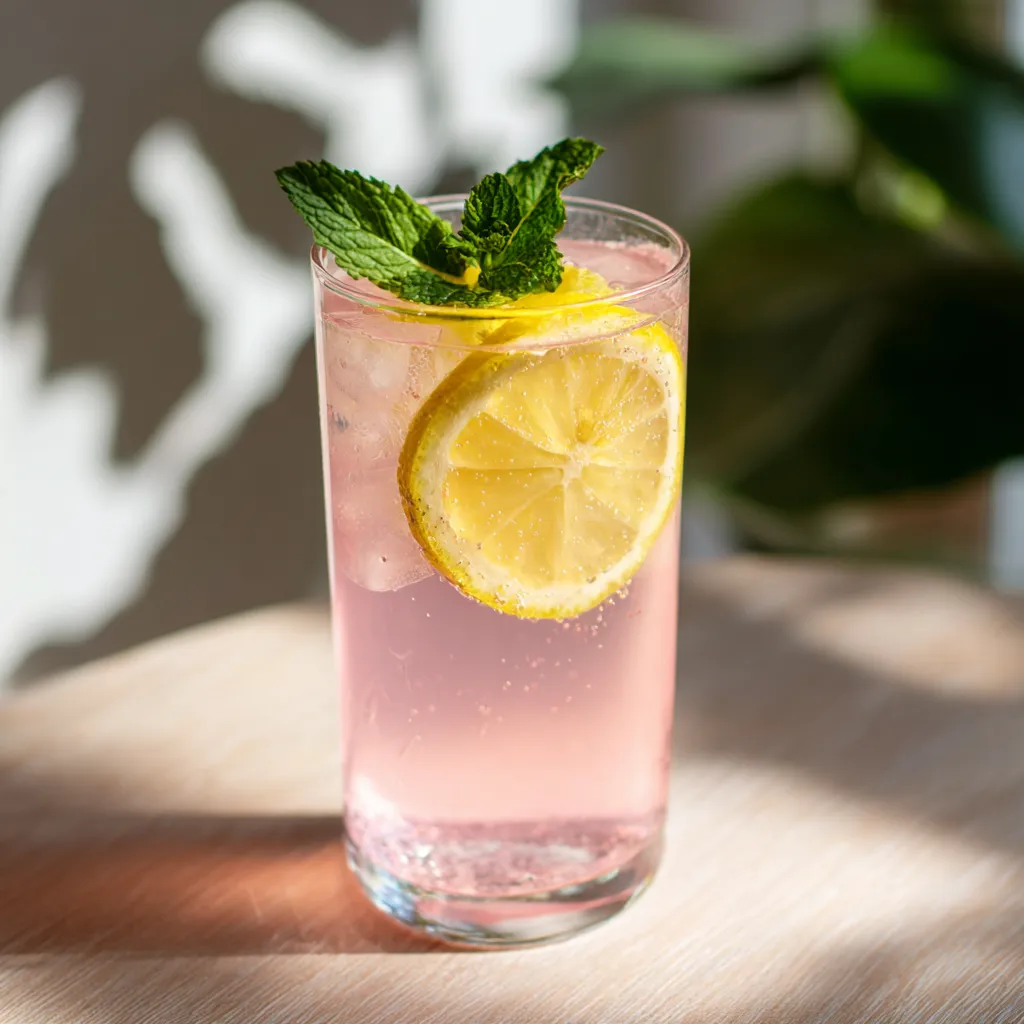 Glass of pink Himalayan salt water with lemon and mint on a wooden table