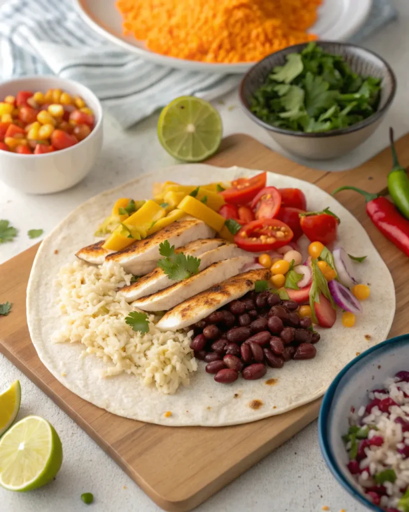 Chicken burrito recipe 3 Assembling chicken burrito with fresh ingredients
