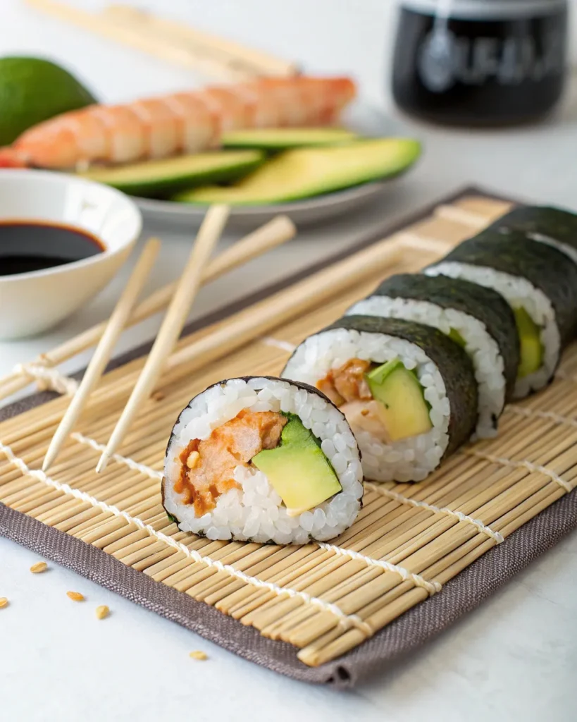 Sushi mat with shrimp tempura roll being assembled