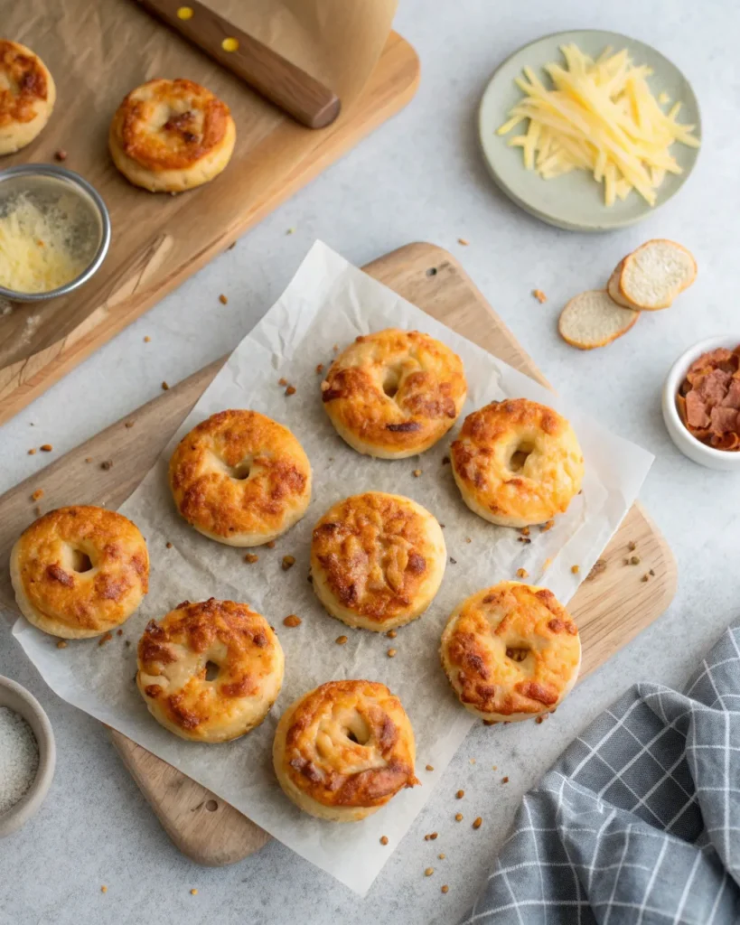 Overhead shot of Bagel Bites air fryer snack on parchment paper