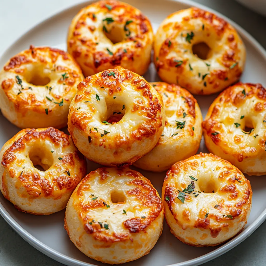 Bagel Bites air fryer recipe on white plate with golden cheese