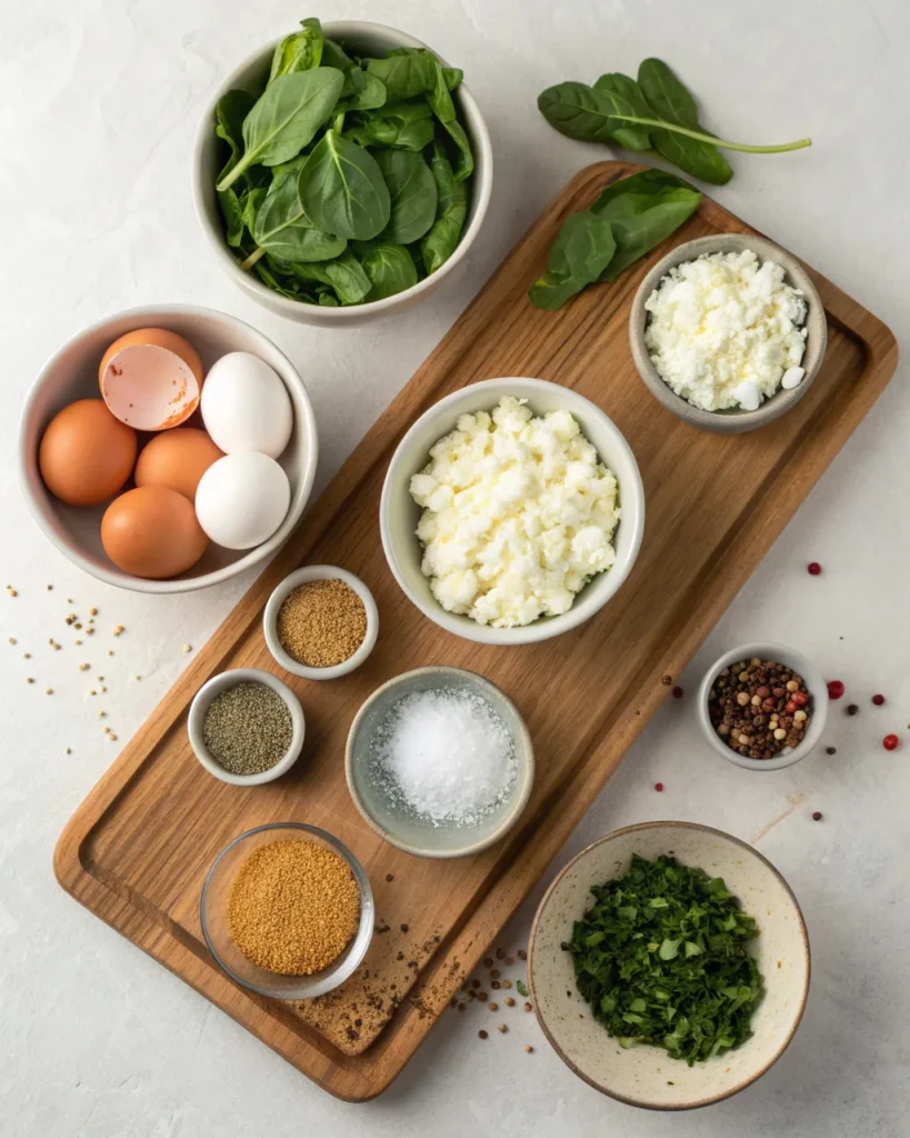 ingredients for baked cottage cheese eggs on wood board