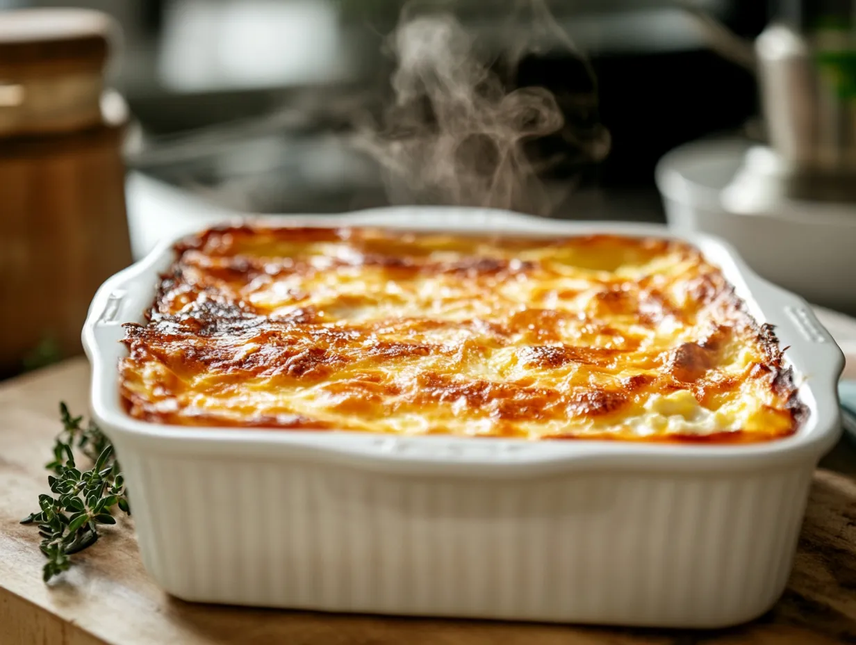baked cottage cheese eggs golden brown in white dish