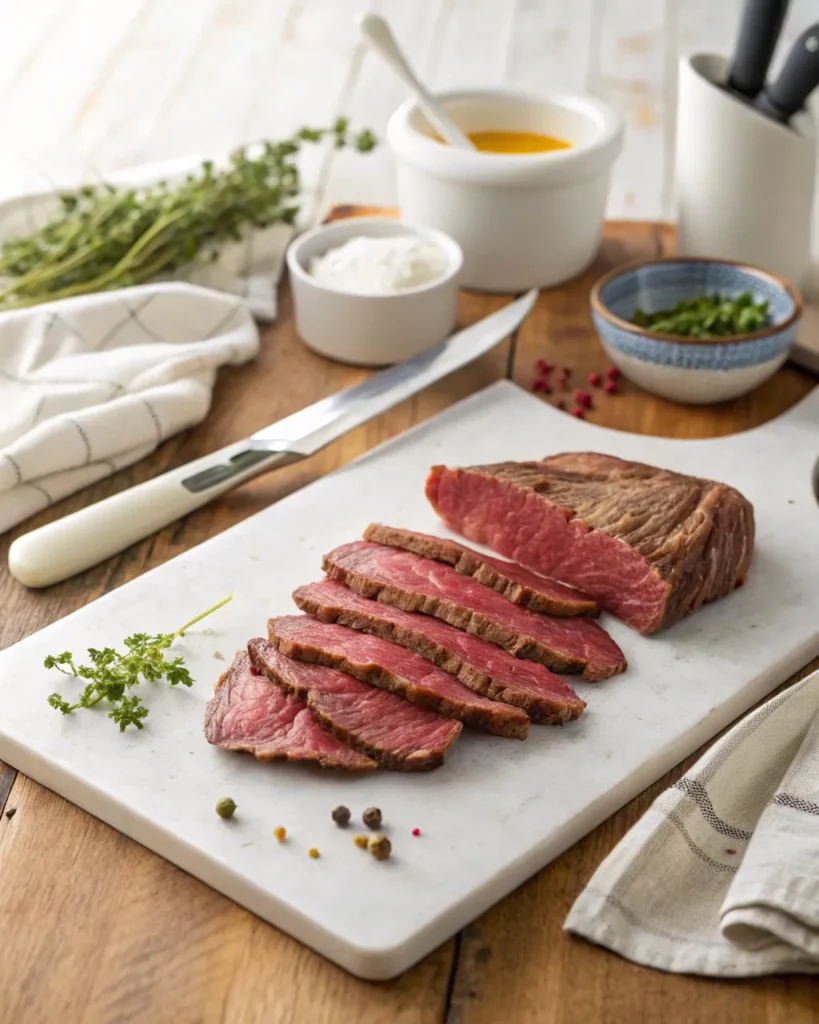 Pepper Steak Recipe 3 Flank steak slices on white cutting board for pepper steak