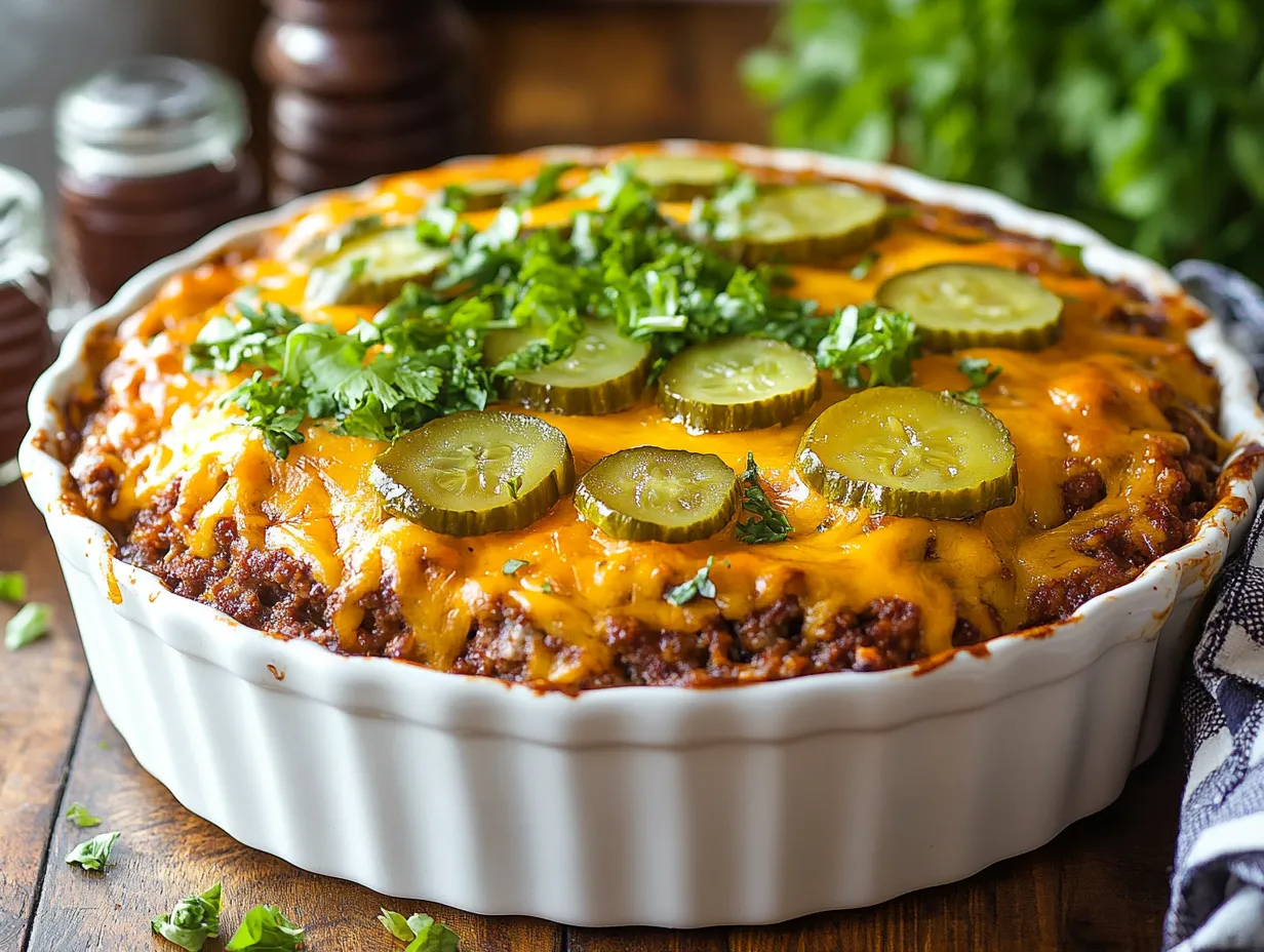 Big Mac Casserole topped with lettuce, pickles, and melted cheddar in a white baking dish
