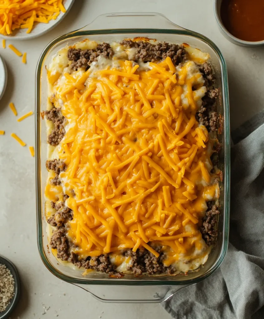 Unbaked Big Mac Casserole layered with beef, cheddar cheese, and sauce in a glass baking dish