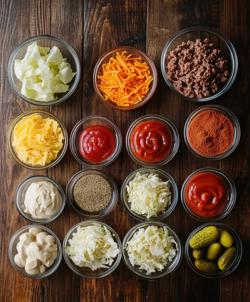 Ingredients for Big Mac Casserole including ground beef, cheddar, pickles, and sauce components
