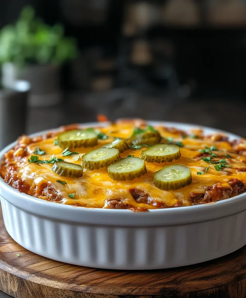 Big Mac Casserole hot and bubbling with golden cheese and chopped pickles on top