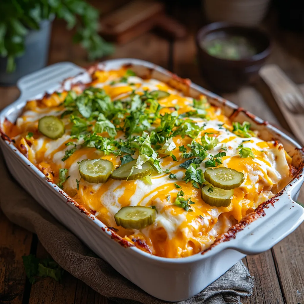 Big Mac Casserole topped with cheese, pickles, and lettuce in a white baking dish