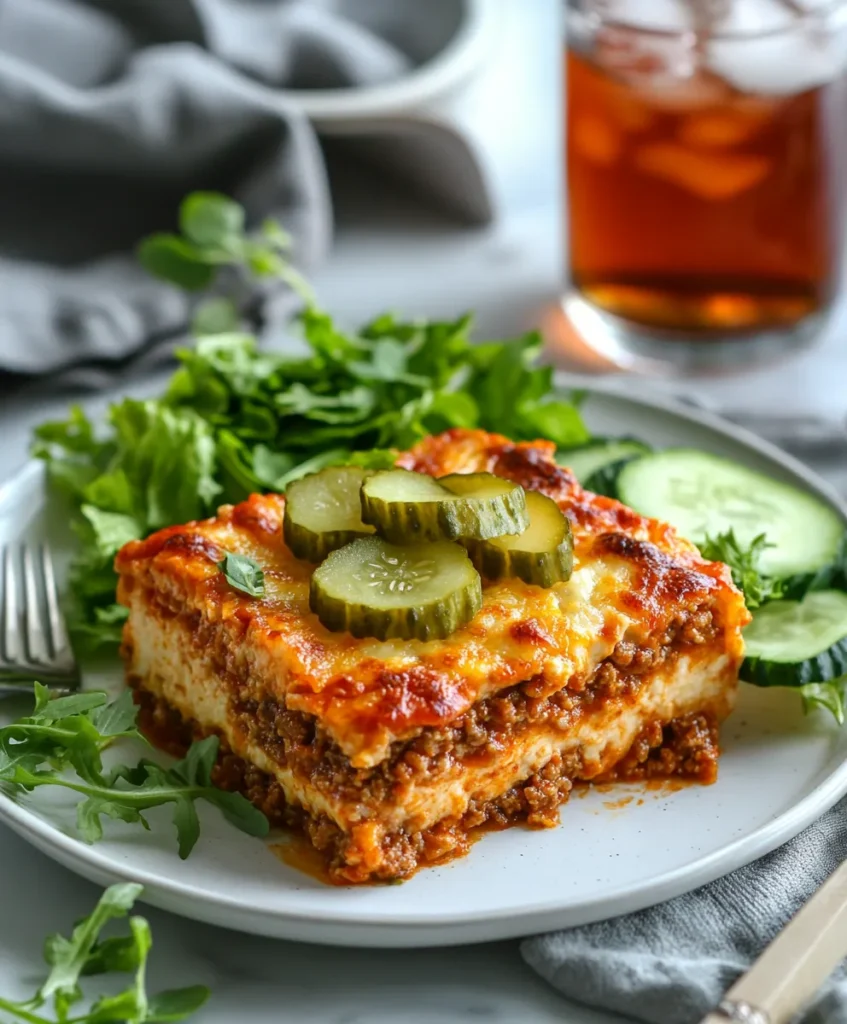 Big Mac Casserole portion served on a white plate with side salad