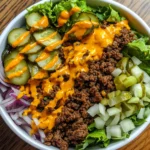 Big Mac Salad Recipe in a bowl with beef, cheese, and sauce