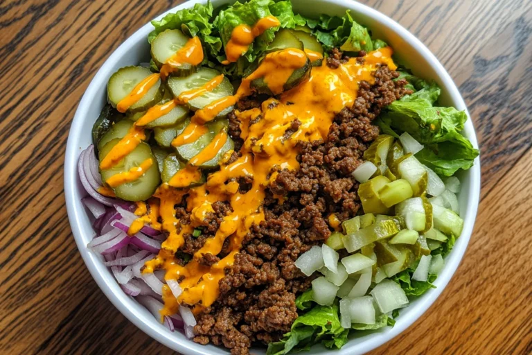 Big Mac Salad Recipe in a bowl with beef, cheese, and sauce