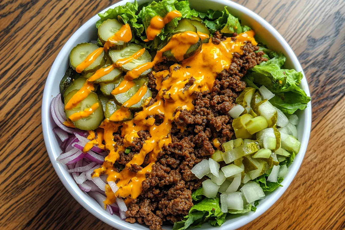 Big Mac Salad Recipe in a bowl with beef, cheese, and sauce