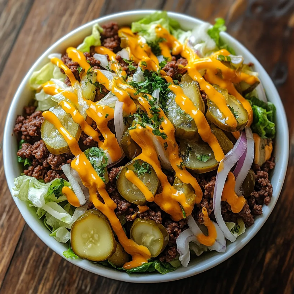 Big Mac Salad Recipe with beef, lettuce, pickles, and sauce