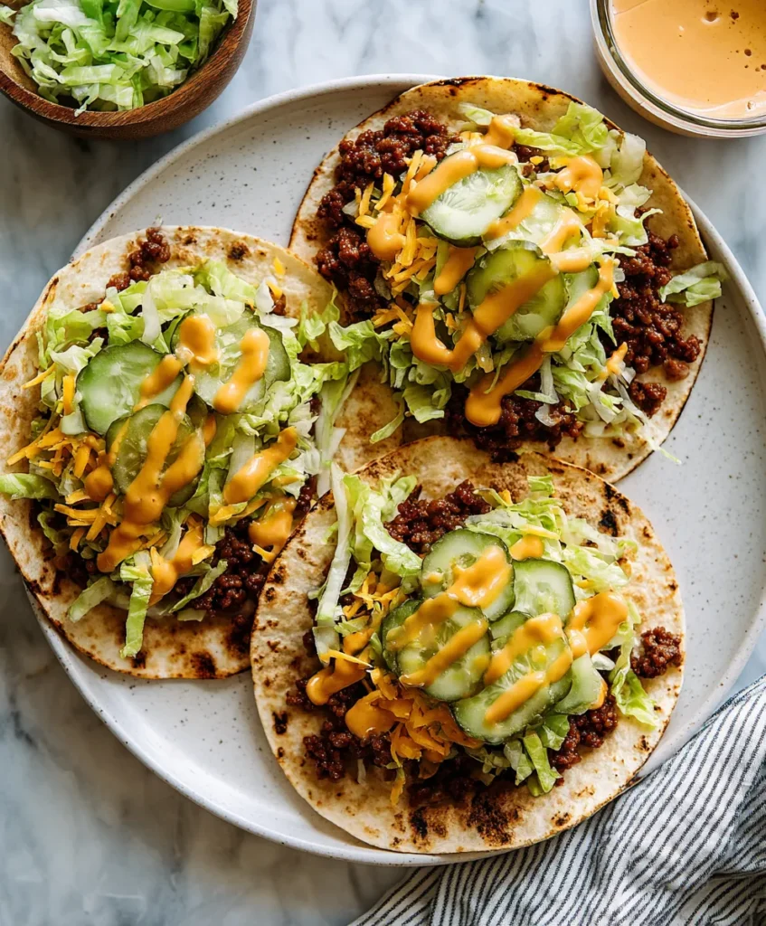 Open-faced Big Mac Tacos with beef, lettuce, cheese, and sauce ready to fold