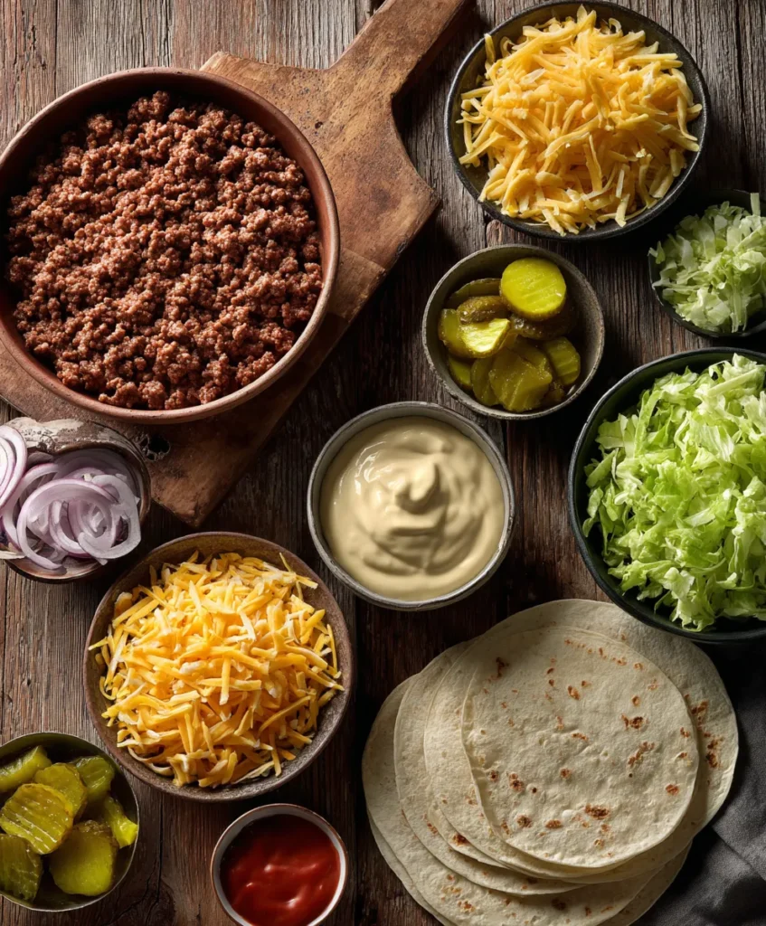 Big Mac Taco ingredients including tortillas, cheese, beef, lettuce, and pickles