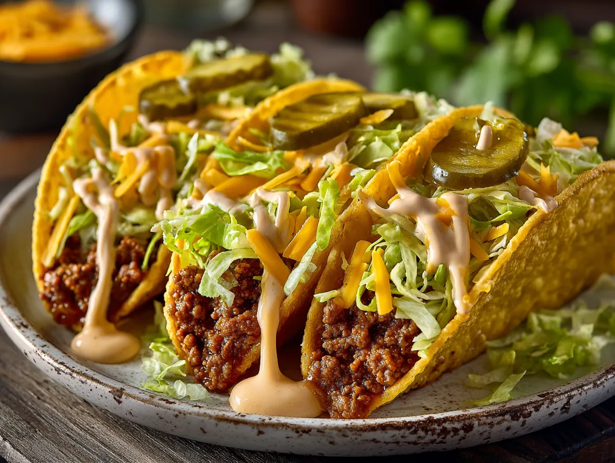 Fully assembled Big Mac Tacos with cheese, lettuce, and sauce on a white plate
