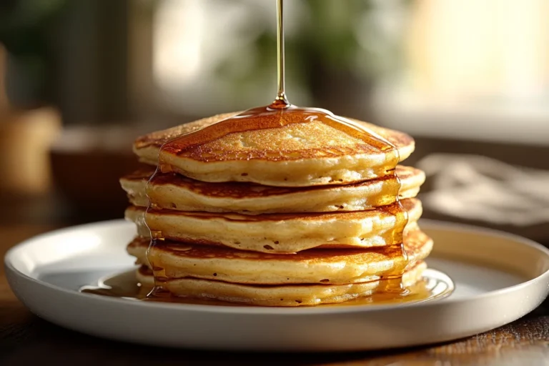 Fluffy Bisquick pancake recipe with syrup drizzle