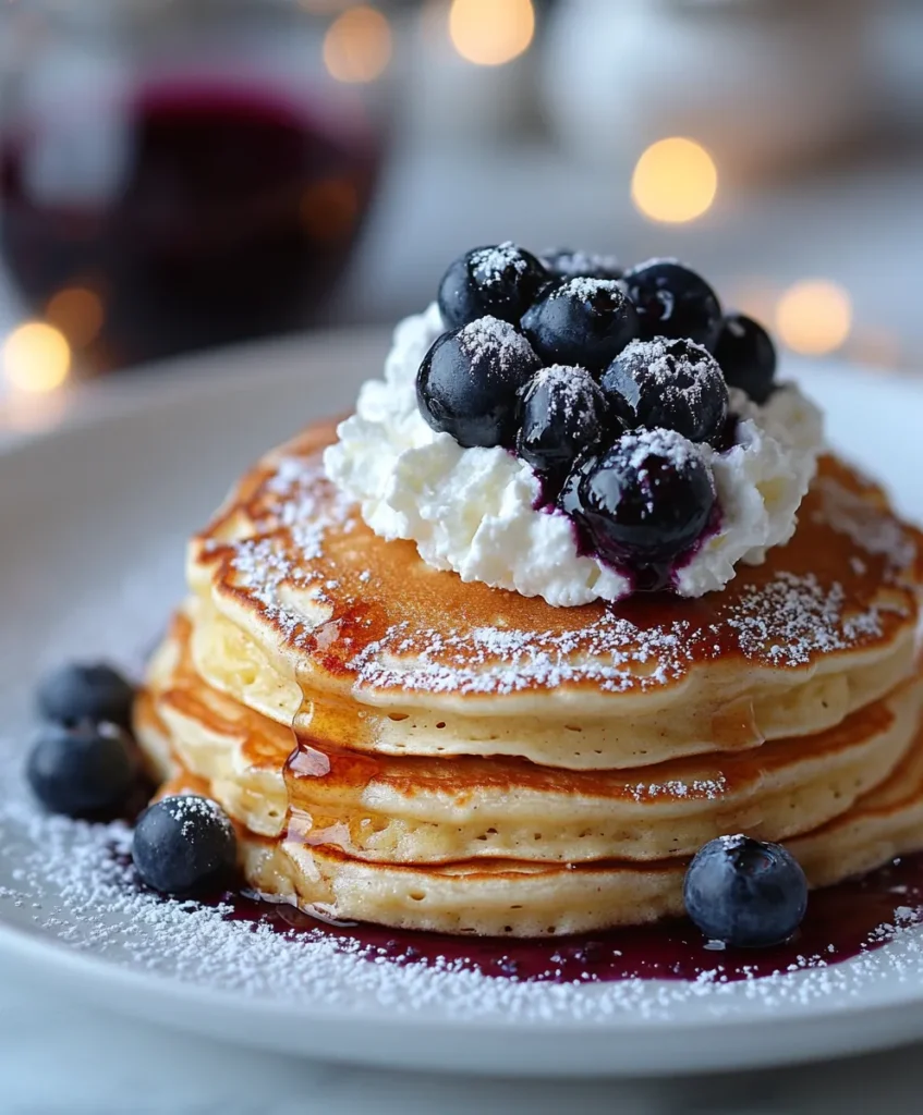 Bisquick pancakes with blueberries and whipped cream
