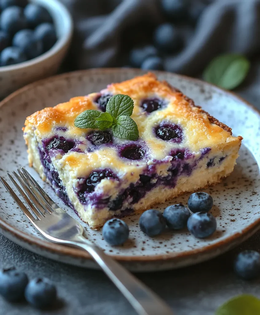 Slice of blueberry cottage cheese breakfast bake