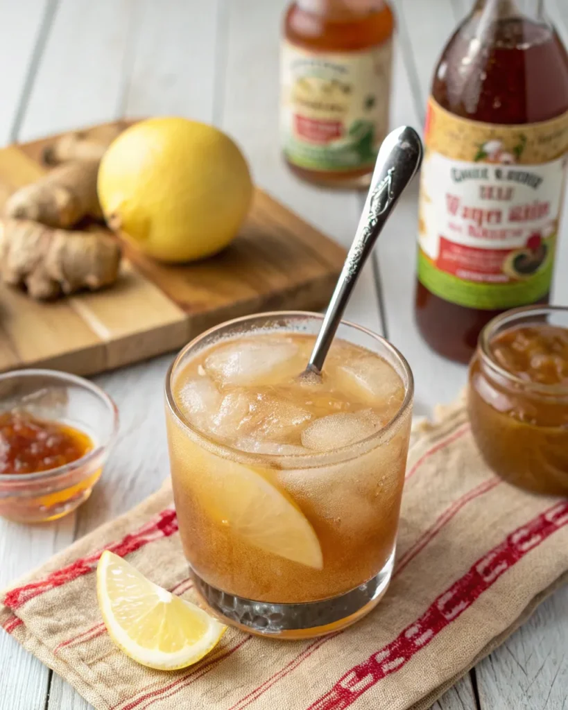Brazilian Mounjaro Recipe with Apple Cider Vinegar 3 Spoon in Brazilian Mounjaro recipe glass with visible ingredients
