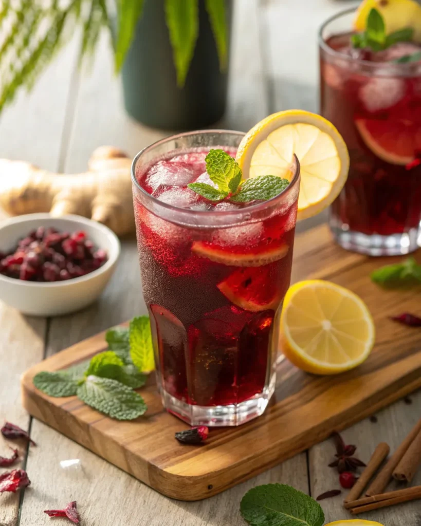 Brazilian natural Mounjaro drink with hibiscus, lemon, ginger, and mint
