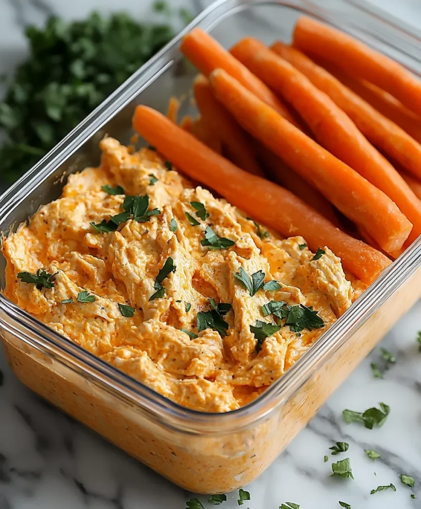 buffalo chicken dip in meal prep container with carrots