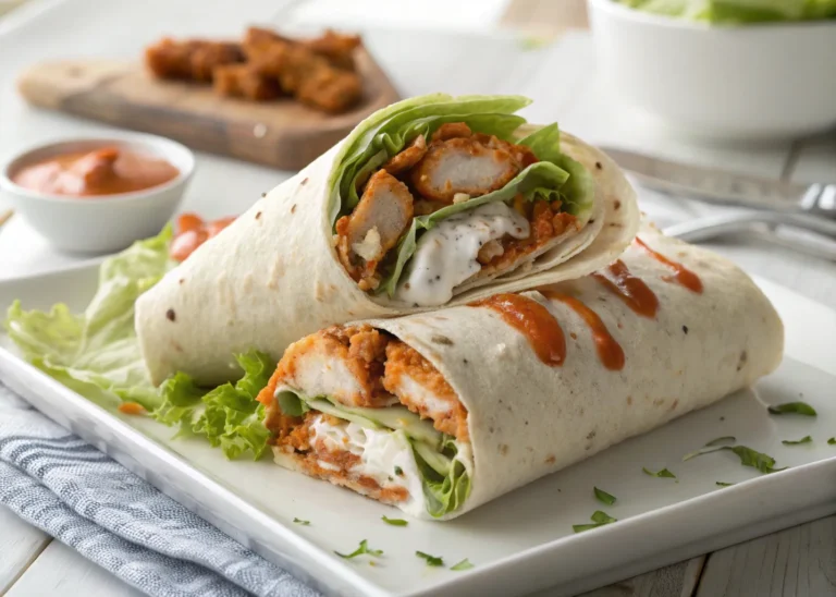 Buffalo chicken wrap on white plate with ranch and buffalo sauce