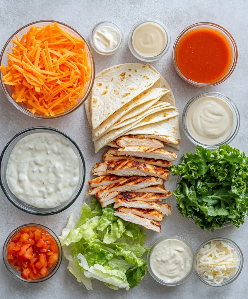Ingredients for buffalo chicken wrap on white surface in daylight