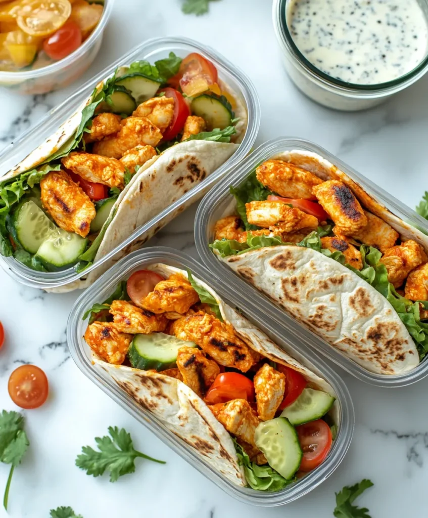Buffalo chicken wraps in containers for meal prep