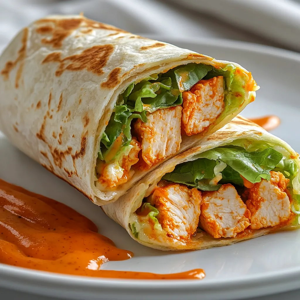 uffalo chicken wrap sliced on white plate with ranch