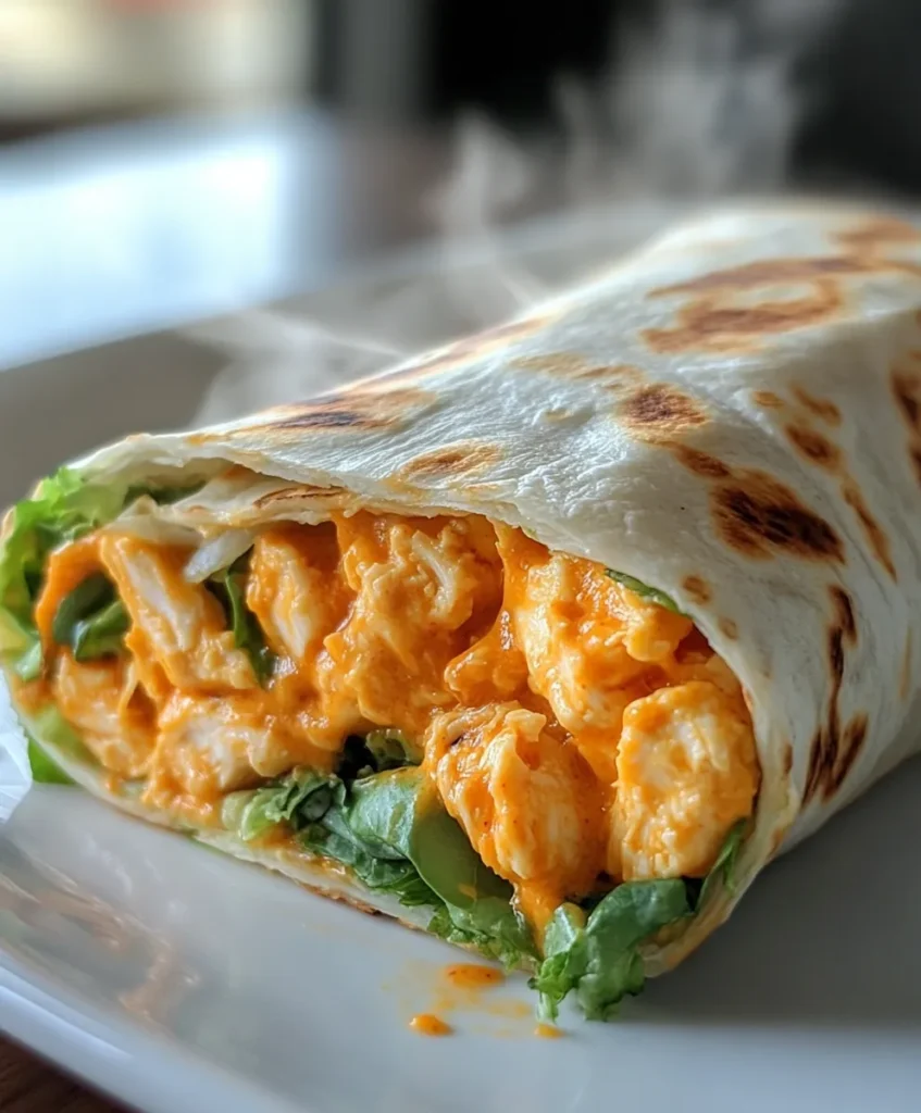 Buffalo chicken wrap halfway rolled on white plate