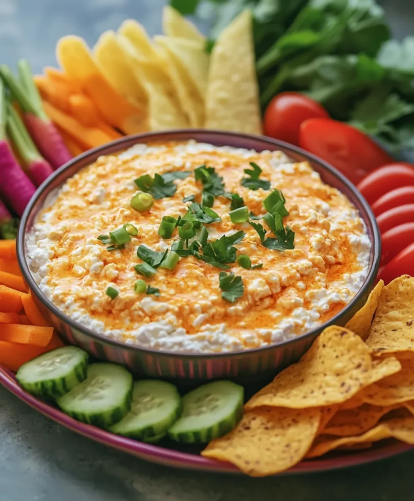 buffalo chicken dip with veggie dippers on party platter