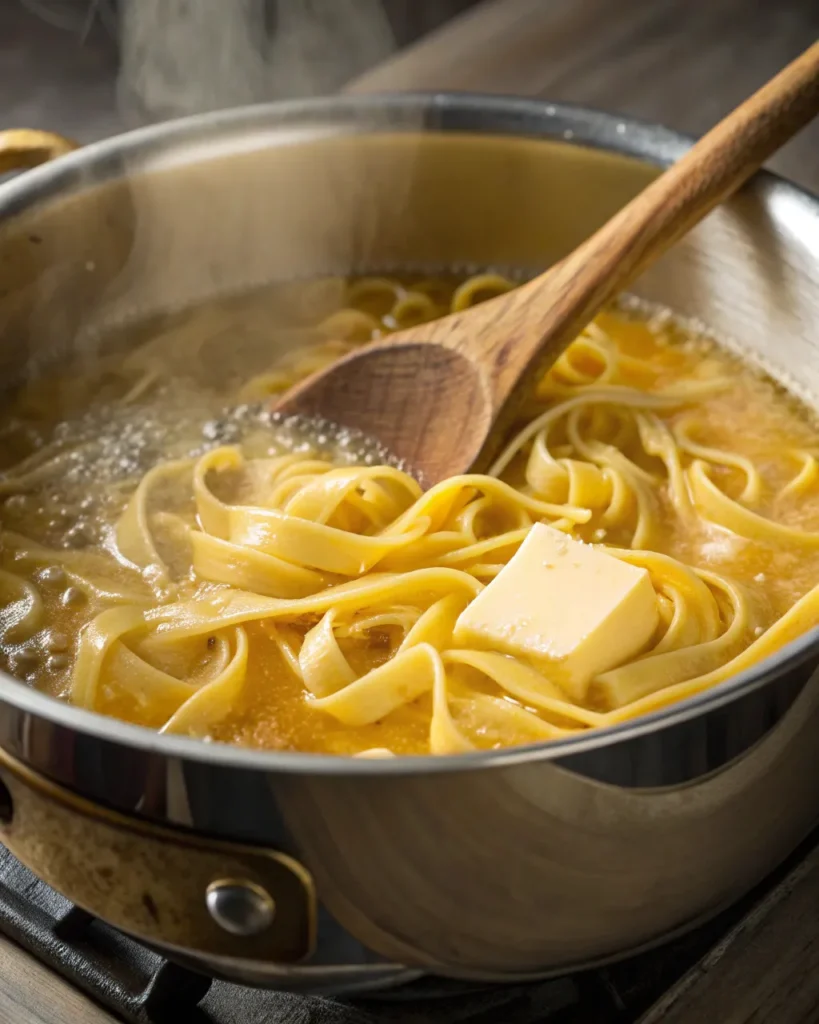 Egg noodles simmering in broth for cafeteria noodles