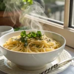 Creamy cafeteria noodles in a rustic bowl