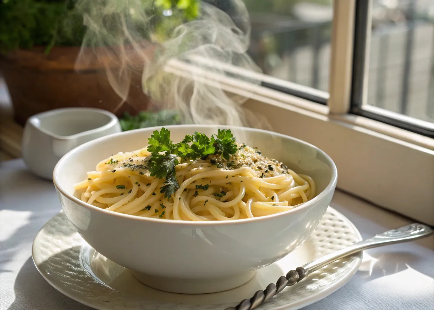Creamy cafeteria noodles in a rustic bowl