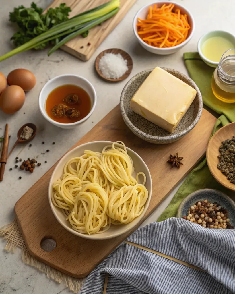 Cafeteria noodle ingredients laid out on kitchen counter