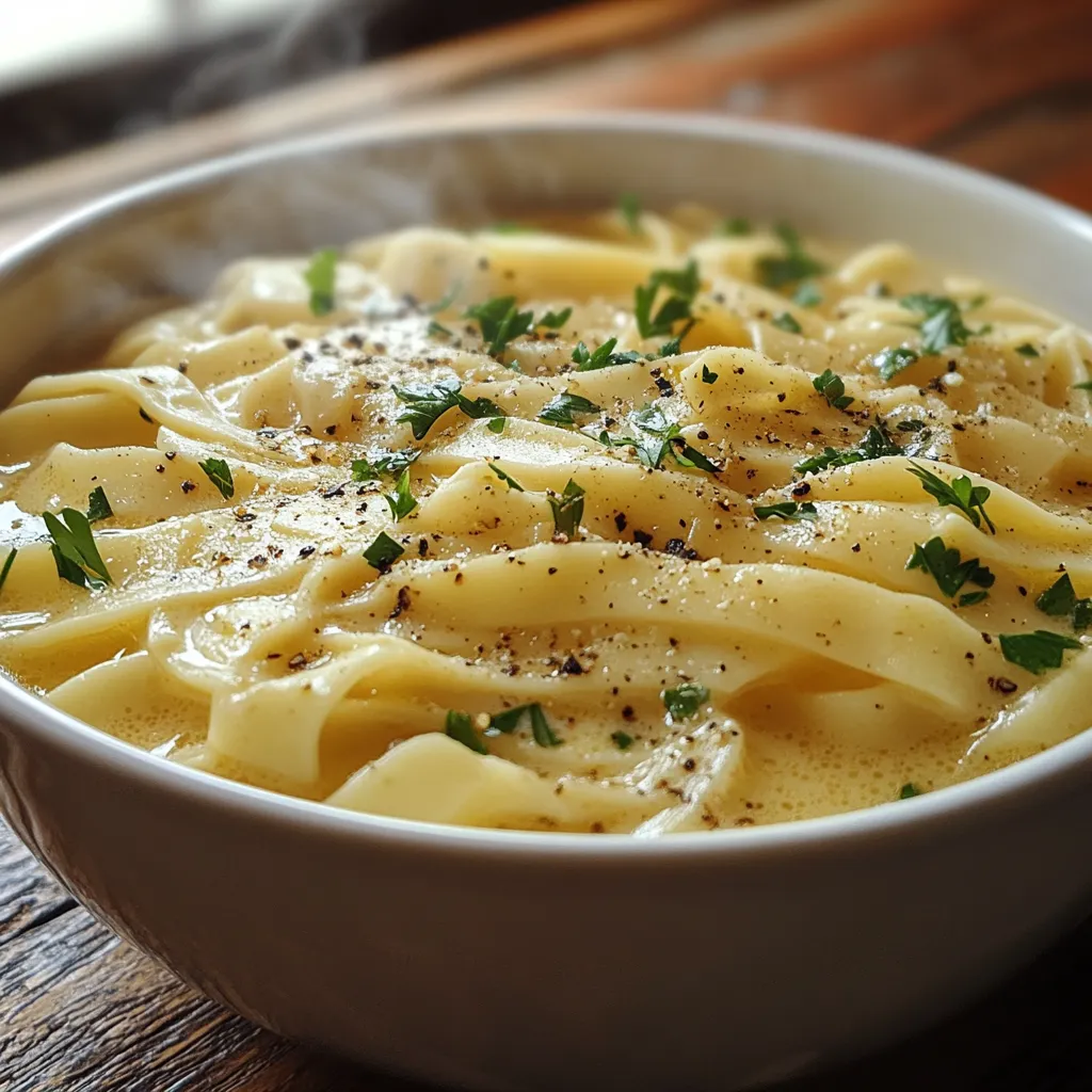 Creamy cafeteria noodles in a rustic bowl