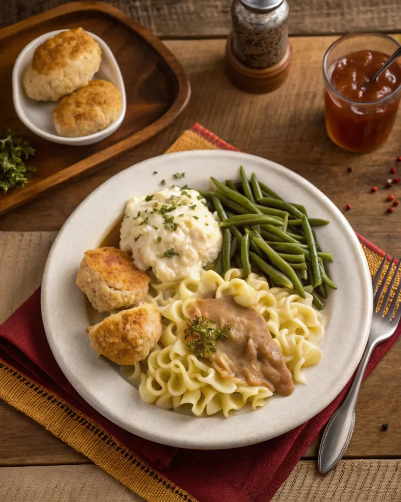 Cafeteria noodles meal served with classic sides