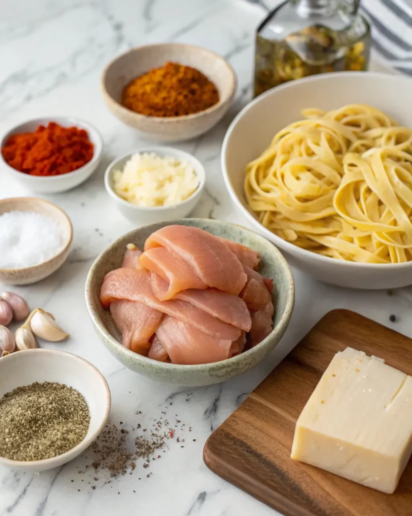 Ingredients for Cajun Chicken Fettuccine Alfredo laid out for cooking