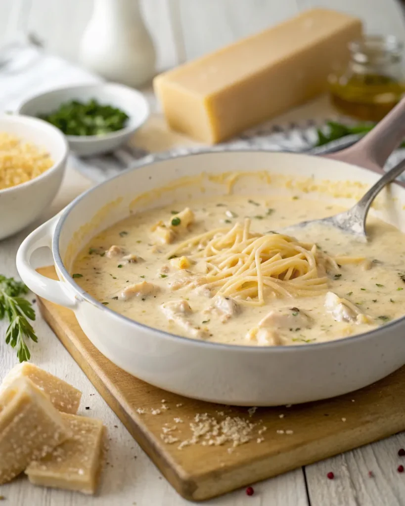 Homemade Cajun Alfredo sauce simmering in pan