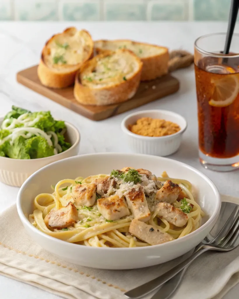 Cajun Chicken Alfredo served with garlic bread and salad