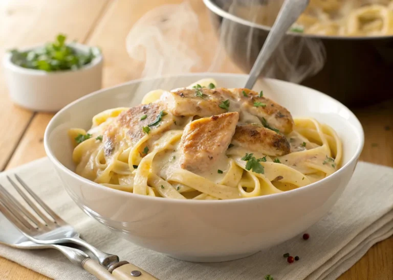 Cajun Chicken Fettuccine Alfredo Recipe in a white bowl