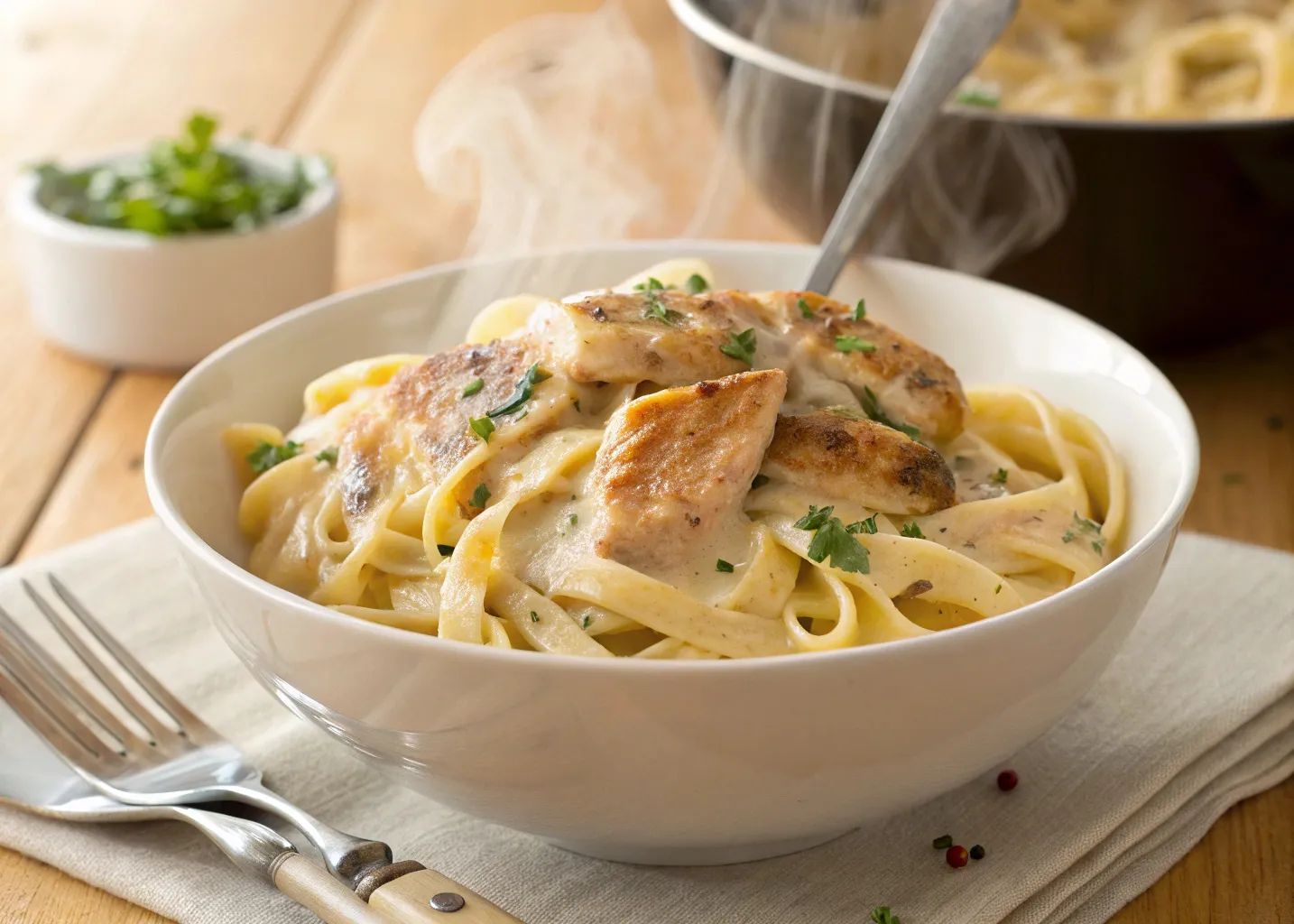 Cajun Chicken Fettuccine Alfredo Recipe in a white bowl