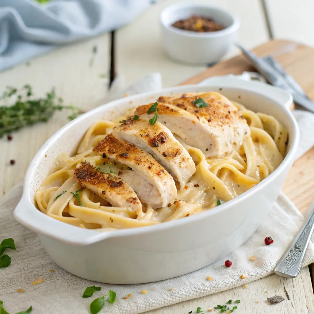 Cajun Chicken Fettuccine Alfredo served in a white bowl